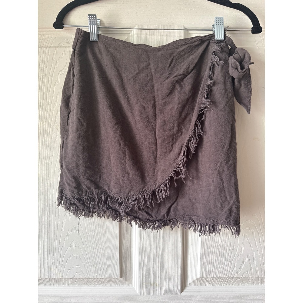 Natural Life Faux Wrap Skirt Women Large Gray Fringe Linen Blend Boho Mini